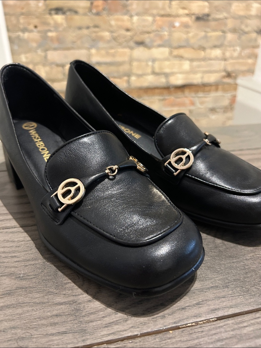 Women's Black Leather Loafers with Gold Accent - Wishbone